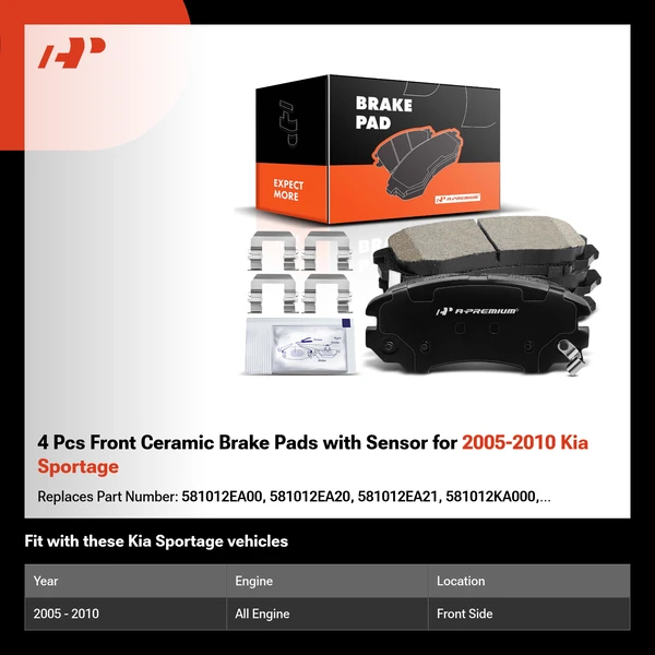 4 Pcs Front Ceramic Brake Pads with Sensor for 2005-2010 Kia Sportage