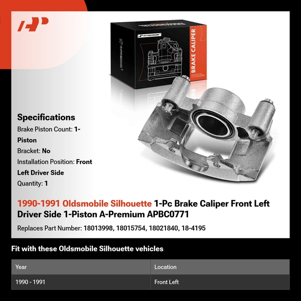 1990-1991 Oldsmobile Silhouette 1-Pc Brake Caliper Front Left Driver Side 1-Piston A-Premium APBC0771