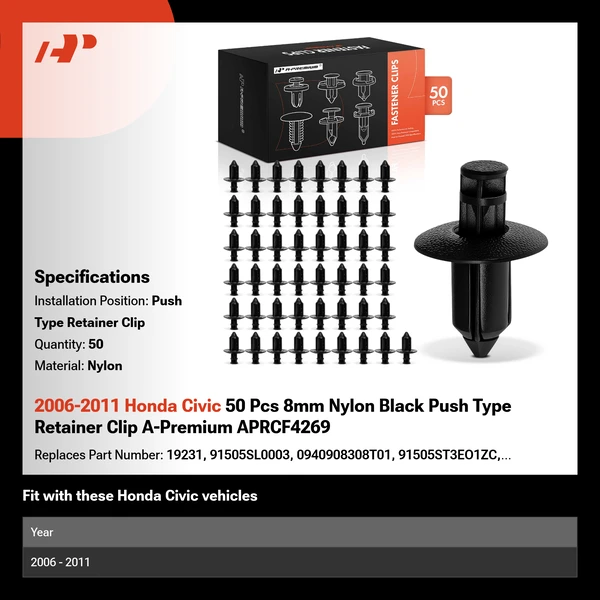2006-2011 Honda Civic 50 Pcs 8mm Nylon Black Push Type Retainer Clip A-Premium APRCF4269