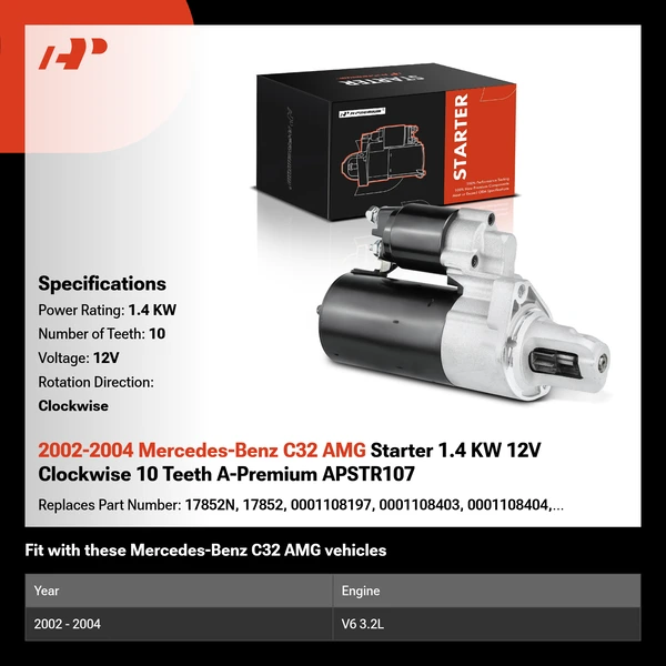 2002-2004 Mercedes-Benz C32 AMG Starter 1.4 KW 12V Clockwise 10 Teeth A-Premium APSTR107
