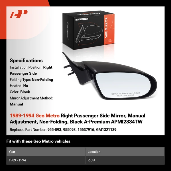 1989-1994 Geo Metro Right Passenger Side Mirror, Manual Adjustment, Non-Folding, Black A-Premium APMI2834TW