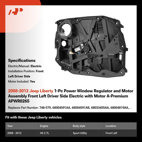 2008-2012 Jeep Liberty 1-Pc Power Window Regulator and Motor Assembly Front Left Driver Side Electric with Motor A-Premium APWR0265