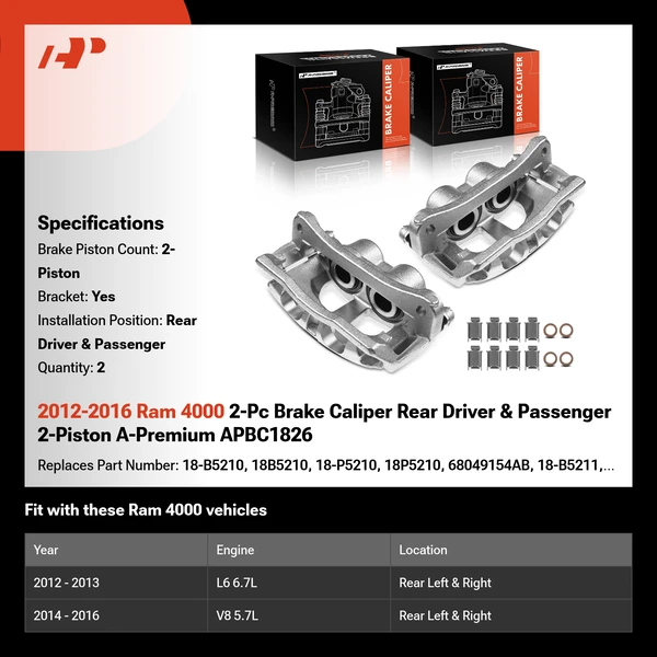 2012-2016 Ram 4000 2-Pc Brake Caliper Rear Driver & Passenger 2-Piston A-Premium APBC1826