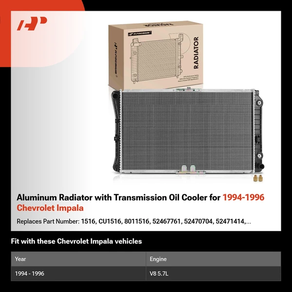 Aluminum Radiator with Transmission Oil Cooler for 1994-1996 Chevrolet Impala