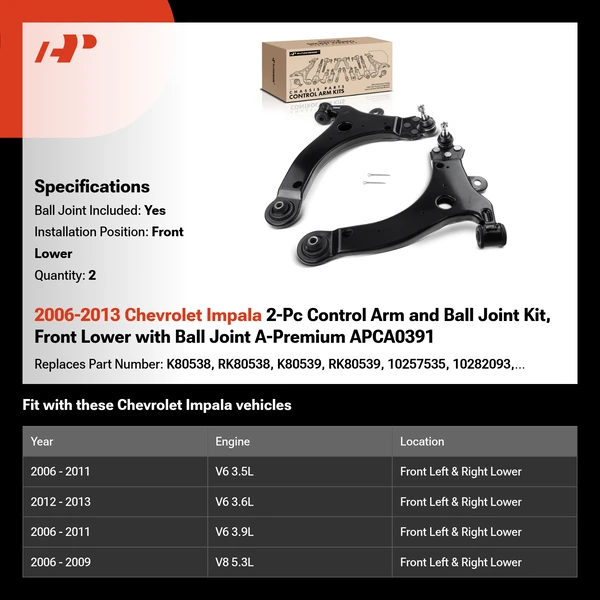 2006-2013 Chevrolet Impala 2-Pc Control Arm and Ball Joint Kit, Front Lower with Ball Joint A-Premium APCA0391