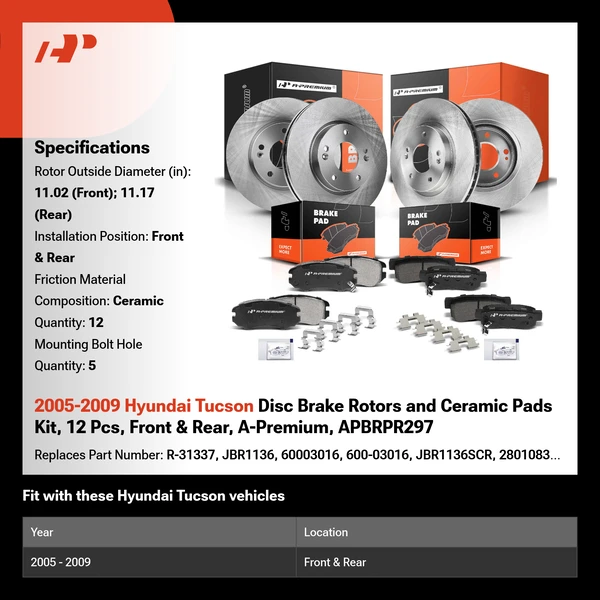 2005-2009 Hyundai Tucson Disc Brake Rotors and Ceramic Pads Kit, 12 Pcs, Front & Rear, A-Premium, APBRPR297