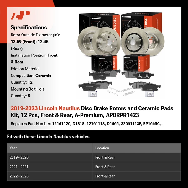 2019-2023 Lincoln Nautilus Disc Brake Rotors and Ceramic Pads Kit, 12 Pcs, Front & Rear, A-Premium, APBRPR1423