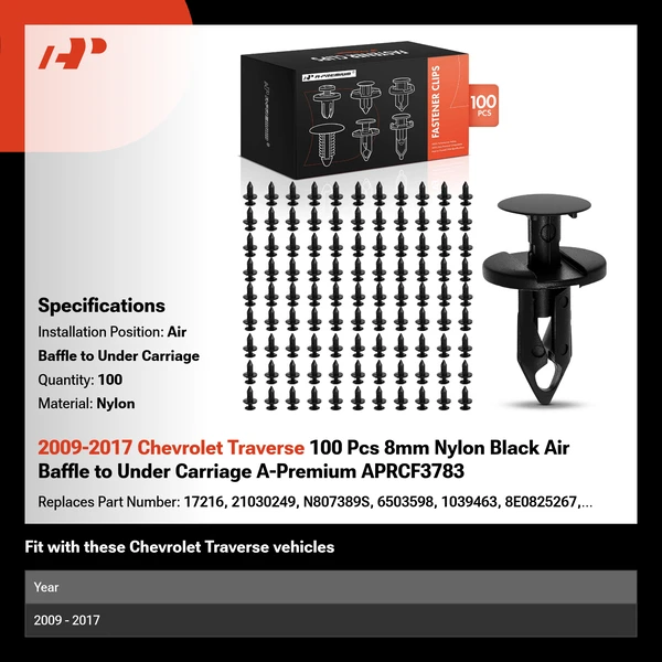 2009-2017 Chevrolet Traverse 100 Pcs 8mm Nylon Black Air Baffle to Under Carriage A-Premium APRCF3783