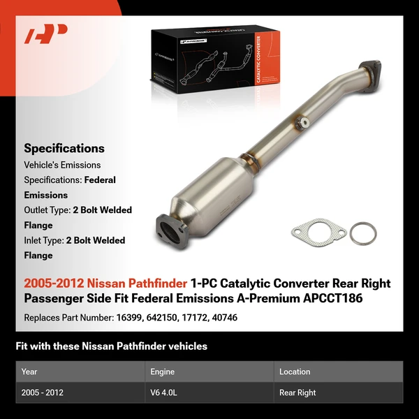 2005-2012 Nissan Pathfinder 1-PC Catalytic Converter Rear Right Passenger Side Fit Federal Emissions A-Premium APCCT186