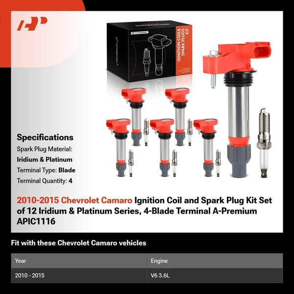 2010-2015 Chevrolet Camaro Ignition Coil and Spark Plug Kit Set of 12 Iridium & Platinum Series, 4-Blade Terminal A-Premium APIC1116