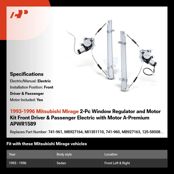 1993-1996 Mitsubishi Mirage 2-Pc Window Regulator and Motor Kit Front Driver & Passenger Electric with Motor A-Premium APWR1589