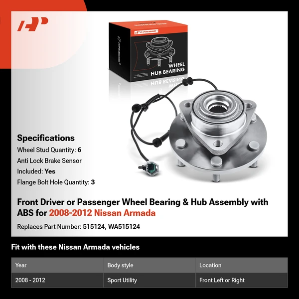 Front Driver or Passenger Wheel Bearing & Hub Assembly with ABS for 2008-2012 Nissan Armada