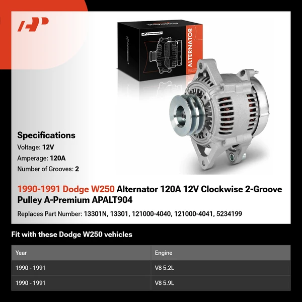 1990-1991 Dodge W250 Alternator 120A 12V Clockwise 2-Groove Pulley A-Premium APALT904