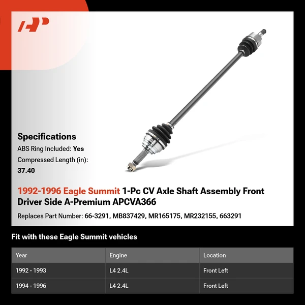 1992-1996 Eagle Summit 1-Pc CV Axle Shaft Assembly Front Driver Side A-Premium APCVA366