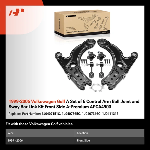 1999-2006 Volkswagen Golf A Set of 6 Control Arm Ball Joint and Sway Bar Link Kit Front Side A-Premium APCA4903