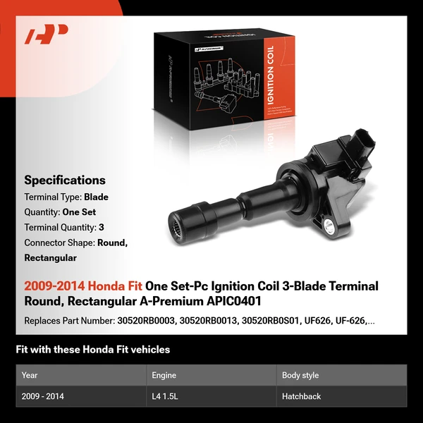 2009-2014 Honda Fit One Set-Pc Ignition Coil 3-Blade Terminal Round, Rectangular A-Premium APIC0401