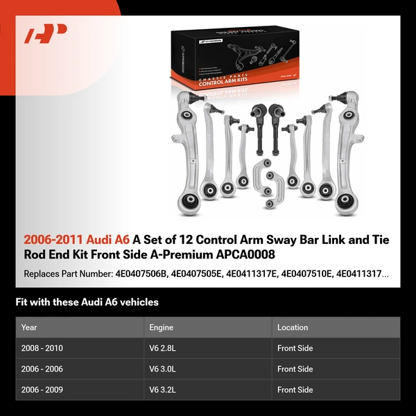 2006-2011 Audi A6 A Set of 12 Control Arm Sway Bar Link and Tie Rod End Kit Front Side A-Premium APCA0008