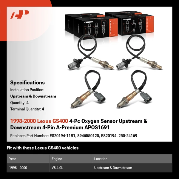 1998-2000 Lexus GS400 4-Pc Oxygen Sensor Upstream & Downstream 4-Pin A-Premium APOS1691