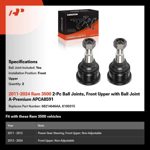2011-2024 Ram 3500 2-Pc Ball Joints, Front Upper with Ball Joint A-Premium APCA8591