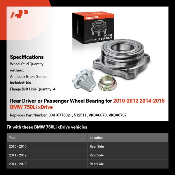 Rear Driver or Passenger Wheel Bearing for 2010-2012 2014-2015 BMW 750Li xDrive