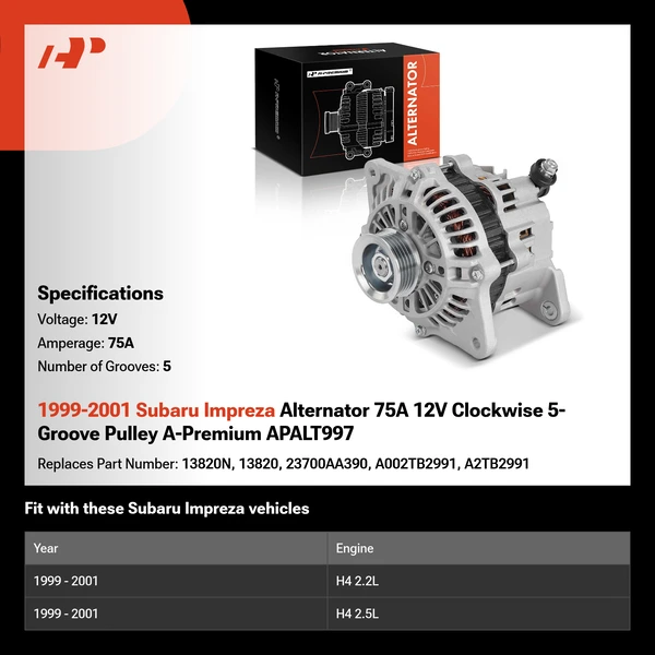 1999-2001 Subaru Impreza Alternator 75A 12V Clockwise 5-Groove Pulley A-Premium APALT997