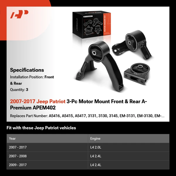 2007-2017 Jeep Patriot 3-Pc Motor Mount Front & Rear A-Premium APEM402