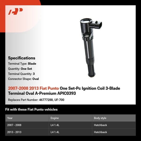 2007-2008 2013 Fiat Punto One Set-Pc Ignition Coil 3-Blade Terminal Oval A-Premium APIC0393