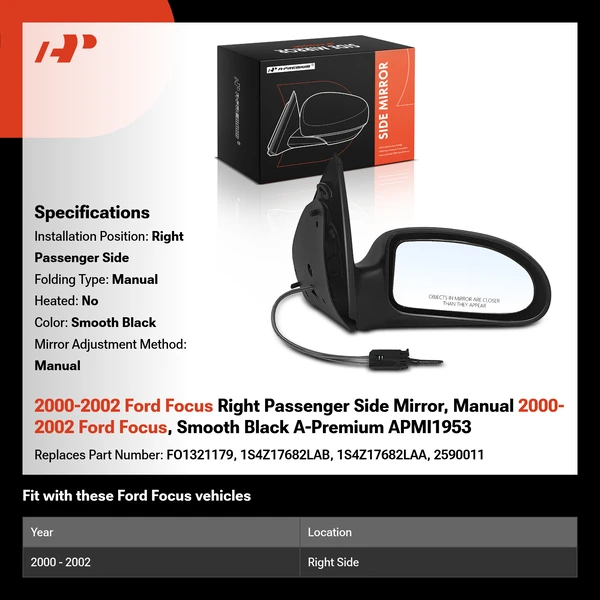 2000-2002 Ford Focus Right Passenger Side Mirror, Manual 2000-2002 Ford Focus, Smooth Black A-Premium APMI1953