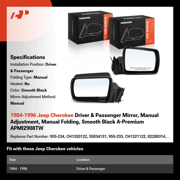1984-1996 Jeep Cherokee Driver & Passenger Mirror, Manual Adjustment, Manual Folding, Smooth Black A-Premium APMI2908TW