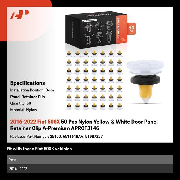 2016-2022 Fiat 500X 50 Pcs Nylon Yellow & White Door Panel Retainer Clip A-Premium APRCF3146