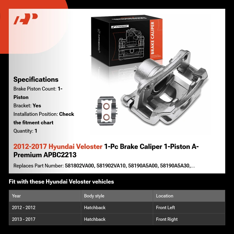 2012-2017 Hyundai Veloster 1-Pc Brake Caliper 1-Piston A-Premium APBC2213