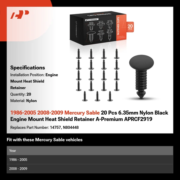 1986-2005 2008-2009 Mercury Sable 20 Pcs 6.35mm Nylon Black Engine Mount Heat Shield Retainer A-Premium APRCF2919