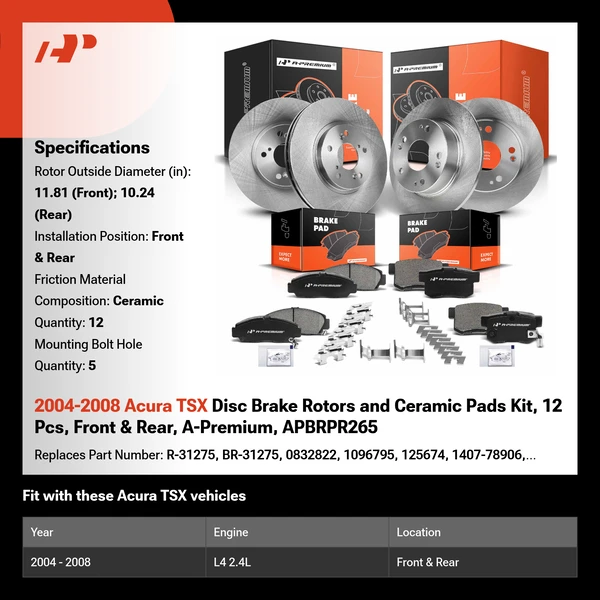 2004-2008 Acura TSX Disc Brake Rotors and Ceramic Pads Kit, 12 Pcs, Front & Rear, A-Premium, APBRPR265