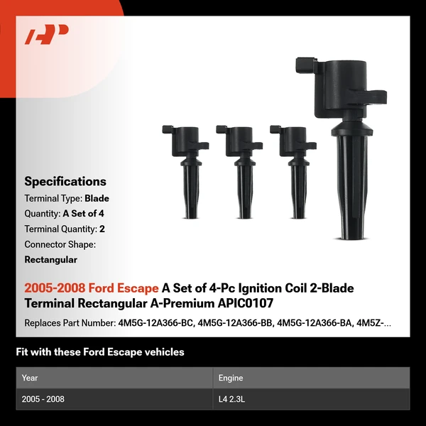 2005-2008 Ford Escape A Set of 4-Pc Ignition Coil 2-Blade Terminal Rectangular A-Premium APIC0107