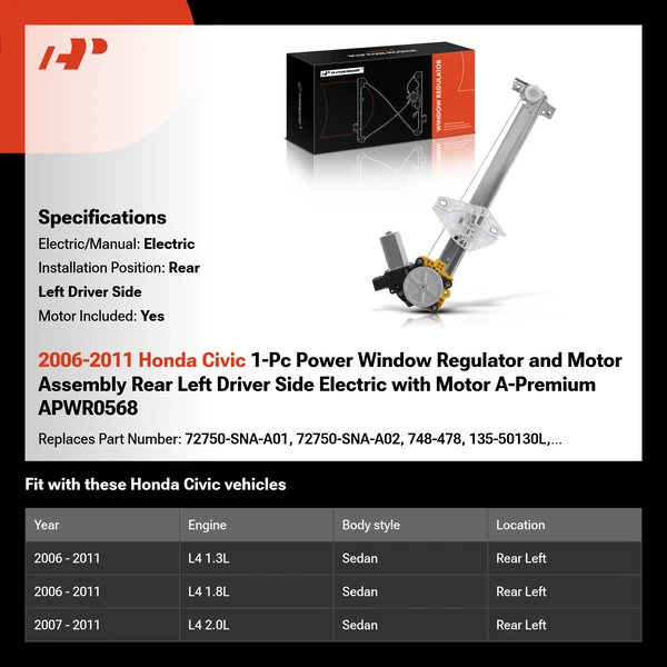 2006-2011 Honda Civic 1-Pc Power Window Regulator and Motor Assembly Rear Left Driver Side Electric with Motor A-Premium APWR0568