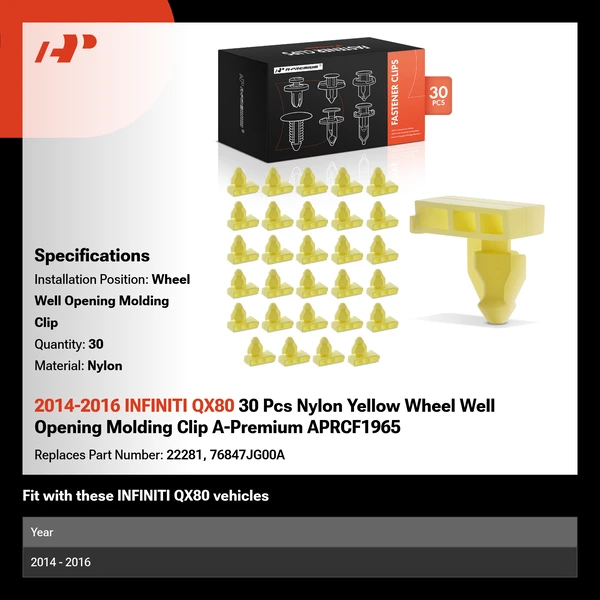 2014-2016 INFINITI QX80 30 Pcs Nylon Yellow Wheel Well Opening Molding Clip A-Premium APRCF1965