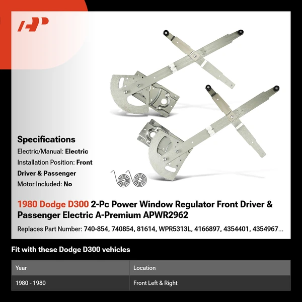 1980 Dodge D300 2-Pc Power Window Regulator Front Driver & Passenger Electric A-Premium APWR2962