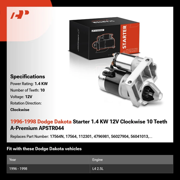 1996-1998 Dodge Dakota Starter 1.4 KW 12V Clockwise 10 Teeth A-Premium APSTR044
