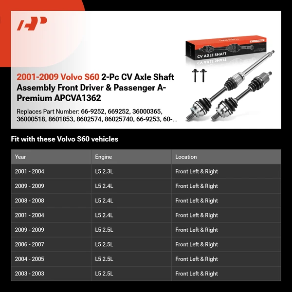 2001-2009 Volvo S60 2-Pc CV Axle Shaft Assembly Front Driver & Passenger A-Premium APCVA1362
