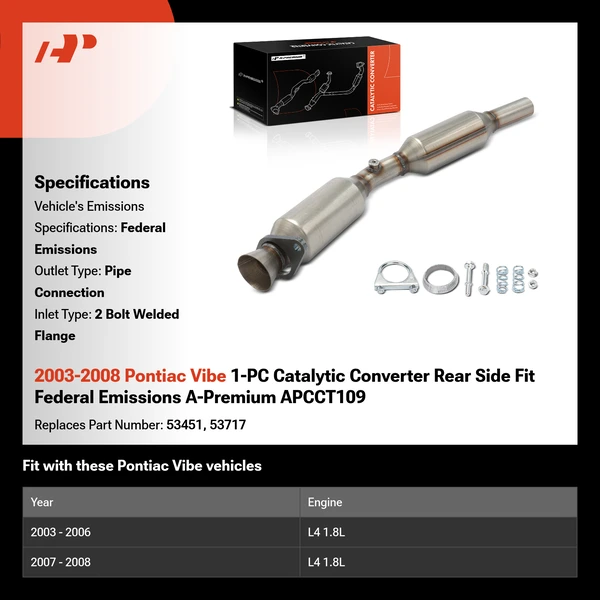 2003-2008 Pontiac Vibe 1-PC Catalytic Converter Rear Side Fit Federal Emissions A-Premium APCCT109