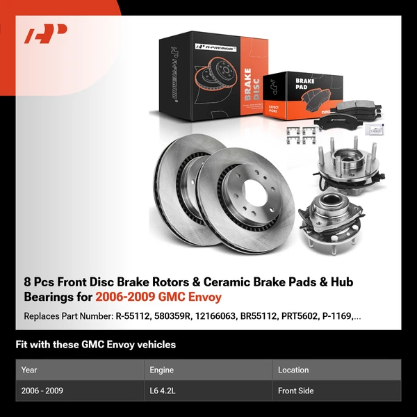 8 Pcs Front Disc Brake Rotors & Ceramic Brake Pads & Hub Bearings for 2006-2009 GMC Envoy