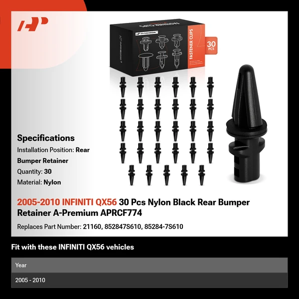 2005-2010 INFINITI QX56 30 Pcs Nylon Black Rear Bumper Retainer A-Premium APRCF774