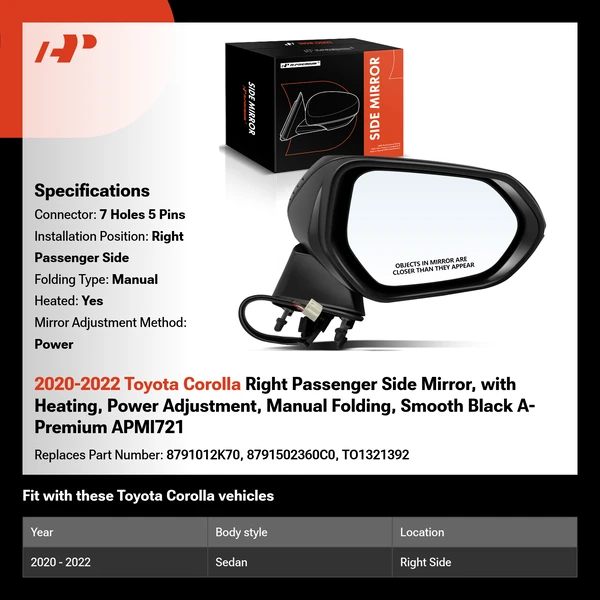 2020-2022 Toyota Corolla Right Passenger Side Mirror, with Heating, Power Adjustment, Manual Folding, Smooth Black A-Premium APMI721