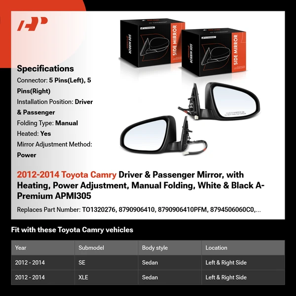 2012-2014 Toyota Camry Driver & Passenger Mirror, with Heating, Power Adjustment, Manual Folding, White & Black A-Premium APMI305