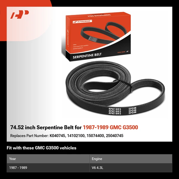 74.52 inch Serpentine Belt for 1987-1989 GMC G3500