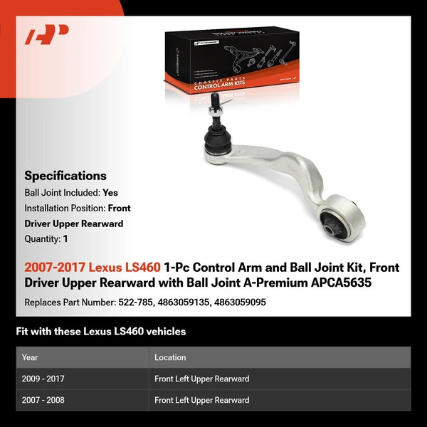 2007-2017 Lexus LS460 1-Pc Control Arm and Ball Joint Kit, Front Driver Upper Rearward with Ball Joint A-Premium APCA5635