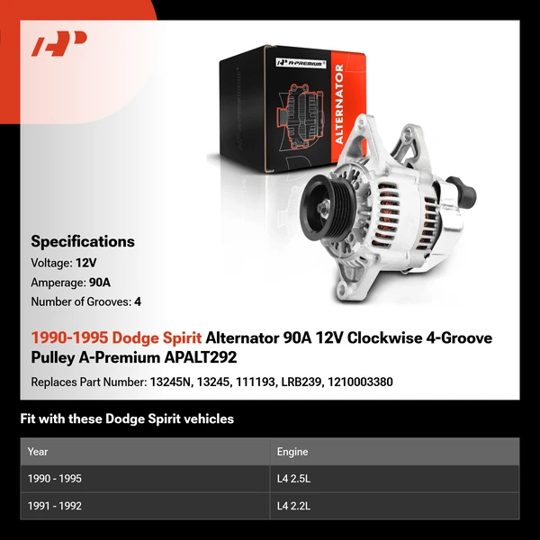 1990-1995 Dodge Spirit Alternator 90A 12V Clockwise 4-Groove Pulley A-Premium APALT292