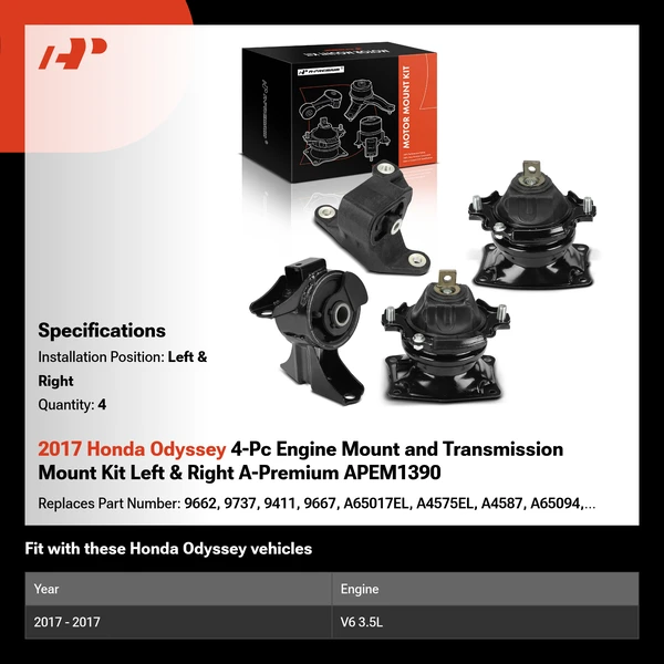 2017 Honda Odyssey 4-Pc Engine Mount and Transmission Mount Kit Left & Right A-Premium APEM1390