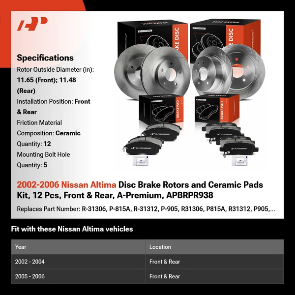 2002-2006 Nissan Altima Disc Brake Rotors and Ceramic Pads Kit, 12 Pcs, Front & Rear, A-Premium, APBRPR938