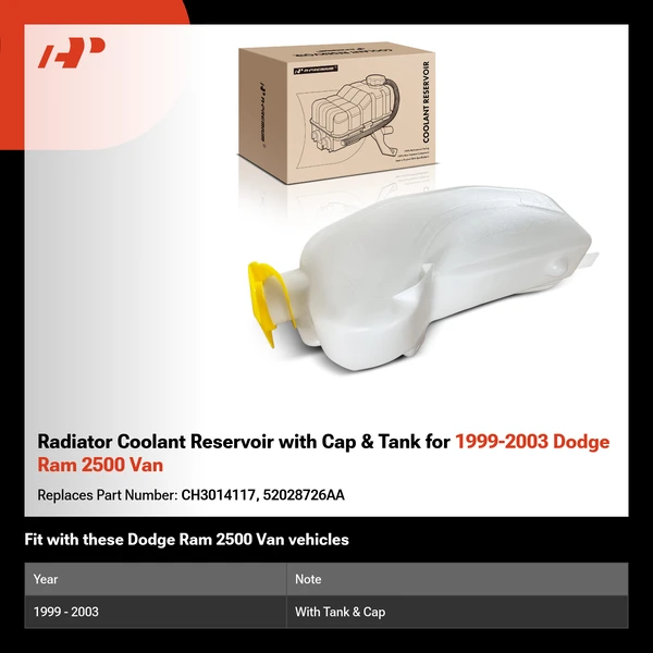 Radiator Coolant Reservoir with Cap & Tank for 1999-2003 Dodge Ram 2500 Van
